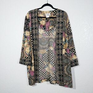 Vintage Lady Carol of New York Black Floral Kimono‎ Cardigan Size 14